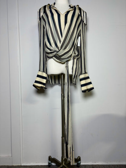 Women Size 8 Monse Bone, Black, Blue Striped 100% Silk Pin-Embellished Blouse