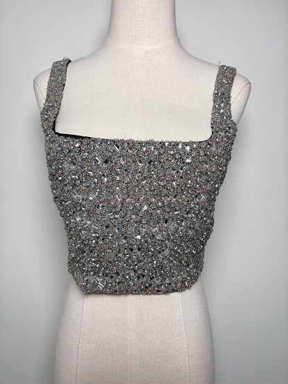 Women Size 2 BR Black, Silver Crystals Bustier Top
