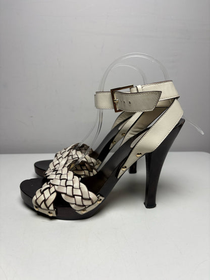 W Shoe Size 6.5 Gucci Brown, White Leather, Wood Women's Pre-owned Heels
