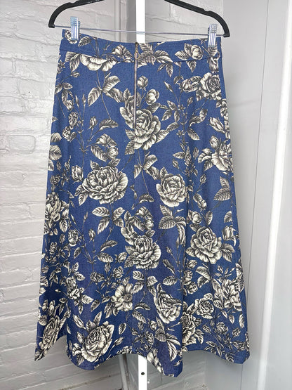 Women Size M Oscar de la Renta Blue Rose Print Pre-owned Midi Denim Skirt