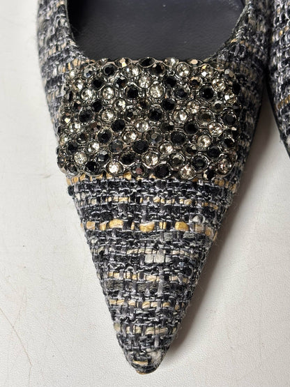 W Shoe Size 8.5 Stuart Weitzman Black, Gray Tweed Rhinestone Buckle Heels