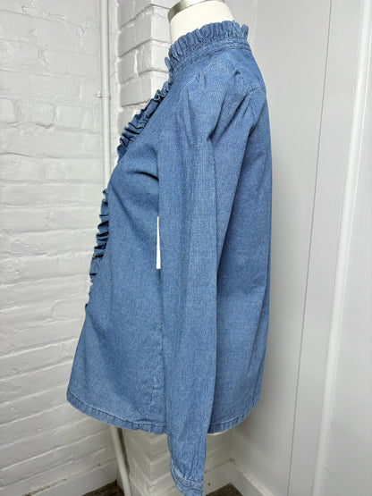 Women Size 34 (2) A.P.C Rue Madame Blue Pinstripe Cotton Ruffle Trim Shirt