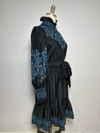Women Size S Kobi Halperin Black Blue Embroidered Cotton Silk Pre-Owned Dress