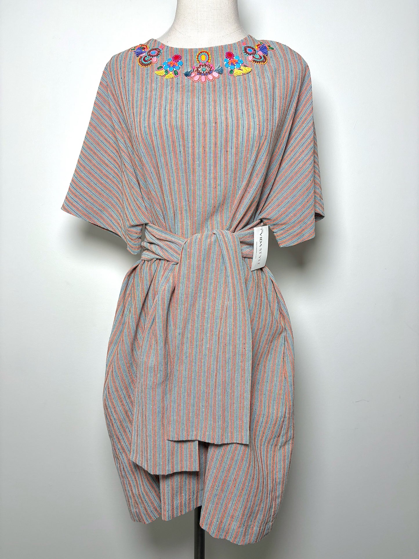 Women Size 2 (8/M) Megan Park Orange, Khaki, Black Striped Tassels Dress