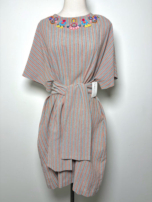 Women Size 2 (8/M) Megan Park Orange, Khaki, Black Striped Tassels Dress