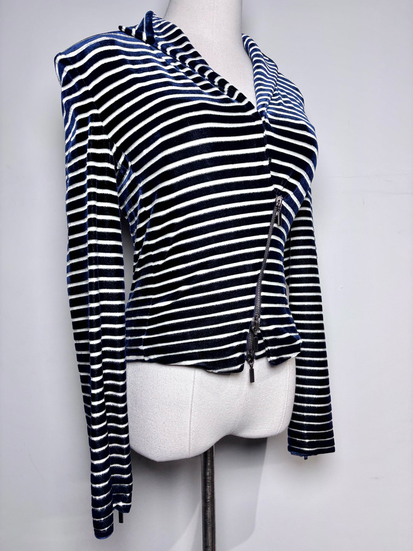 Women Size 4 (S) Giorgio Armani Blue, White Striped Bustier, Jacket Set