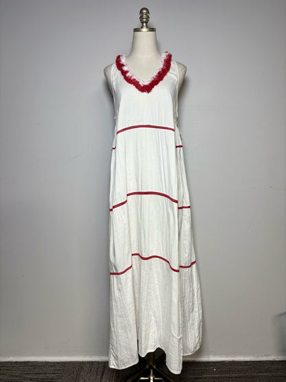 Women's Size M Rae Feather White & Red Embroidered Cutout Cotton Pre-Owned Tiered Maxi Dress