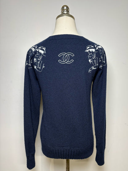 Women's Chanel 2012 Mademoiselle Coco Chanel Embroidered Blue Pure Cashmere Pre-Owned Sweater