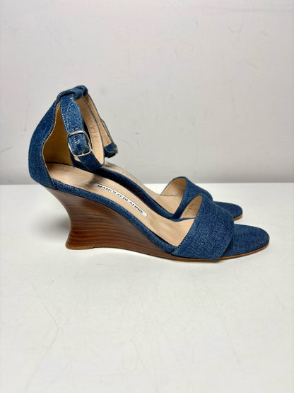 W Shoe Size 38 (8 US) Manolo Blahnik Wedge Heel Blue Cotton Pre-owned Sandals