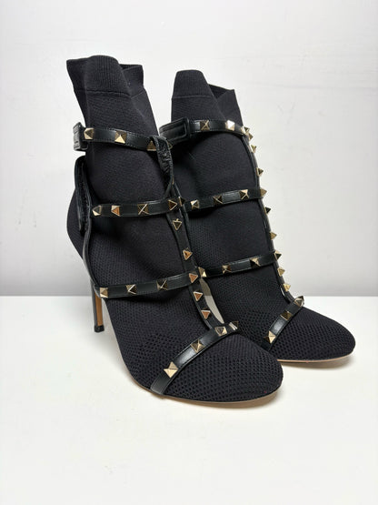 W Shoe Size 38 Valentino Garavani Black Stretc Leather Rockstud Pre-owned Boots