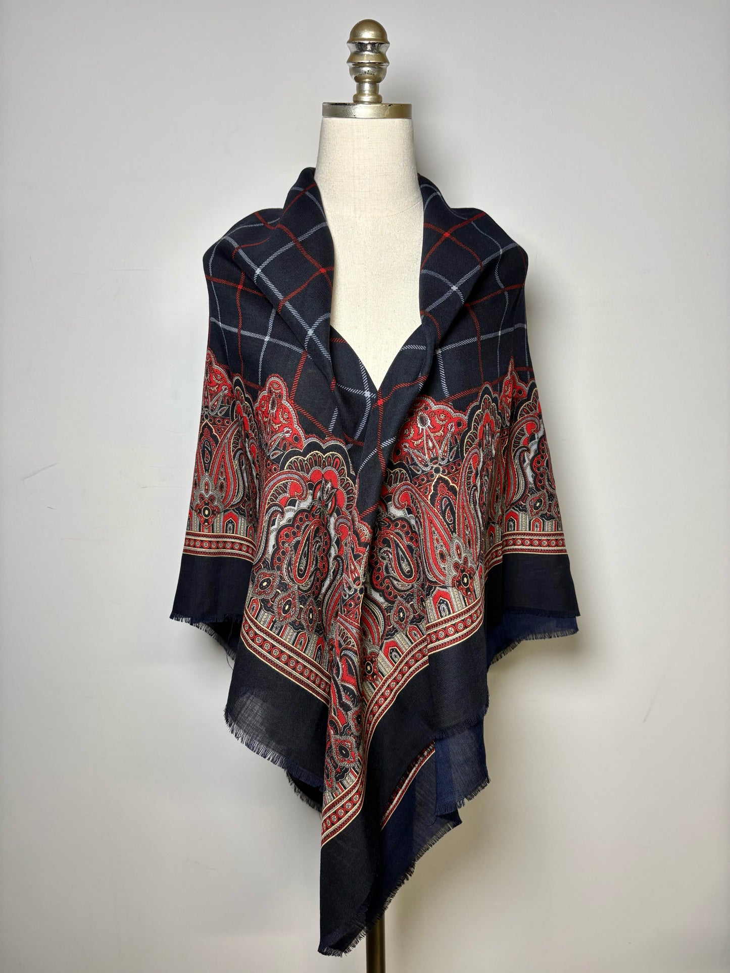 Burberrys' Paisley & Check Pure Wool Vintage RARE Pre-owned Square Navy Scarf