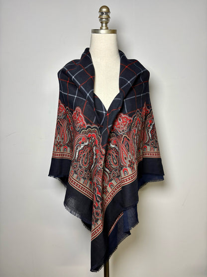 Burberrys' Paisley & Check Pure Wool Vintage RARE Pre-owned Square Navy Scarf