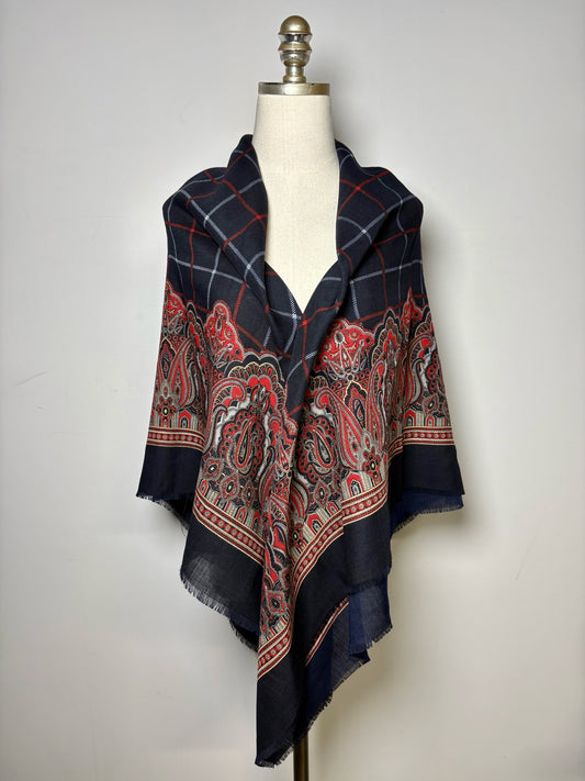 Burberrys' Paisley & Check Pure Wool Vintage RARE Pre-owned Square Navy Scarf