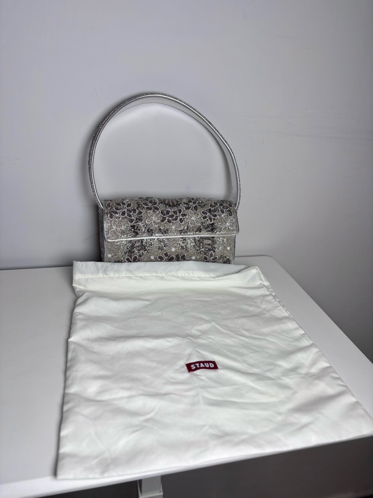 Staud Tommy Floral Beads Pre-owned Silver Leather Trim/Strap Trim Shoulder Bag