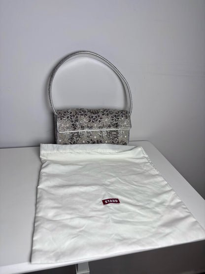 Staud Tommy Floral Beads Pre-owned Silver Leather Trim/Strap Trim Shoulder Bag