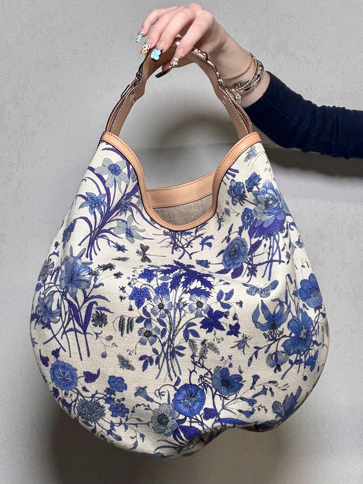 Gucci Flora Wave Horsebit Canvas, Leather Bag