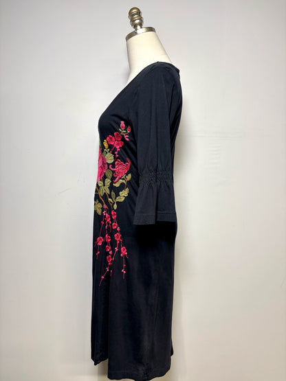 Women Size M JW Los Angeles Black Floral Embroidered Pure Cotton Pre-Owned Dress