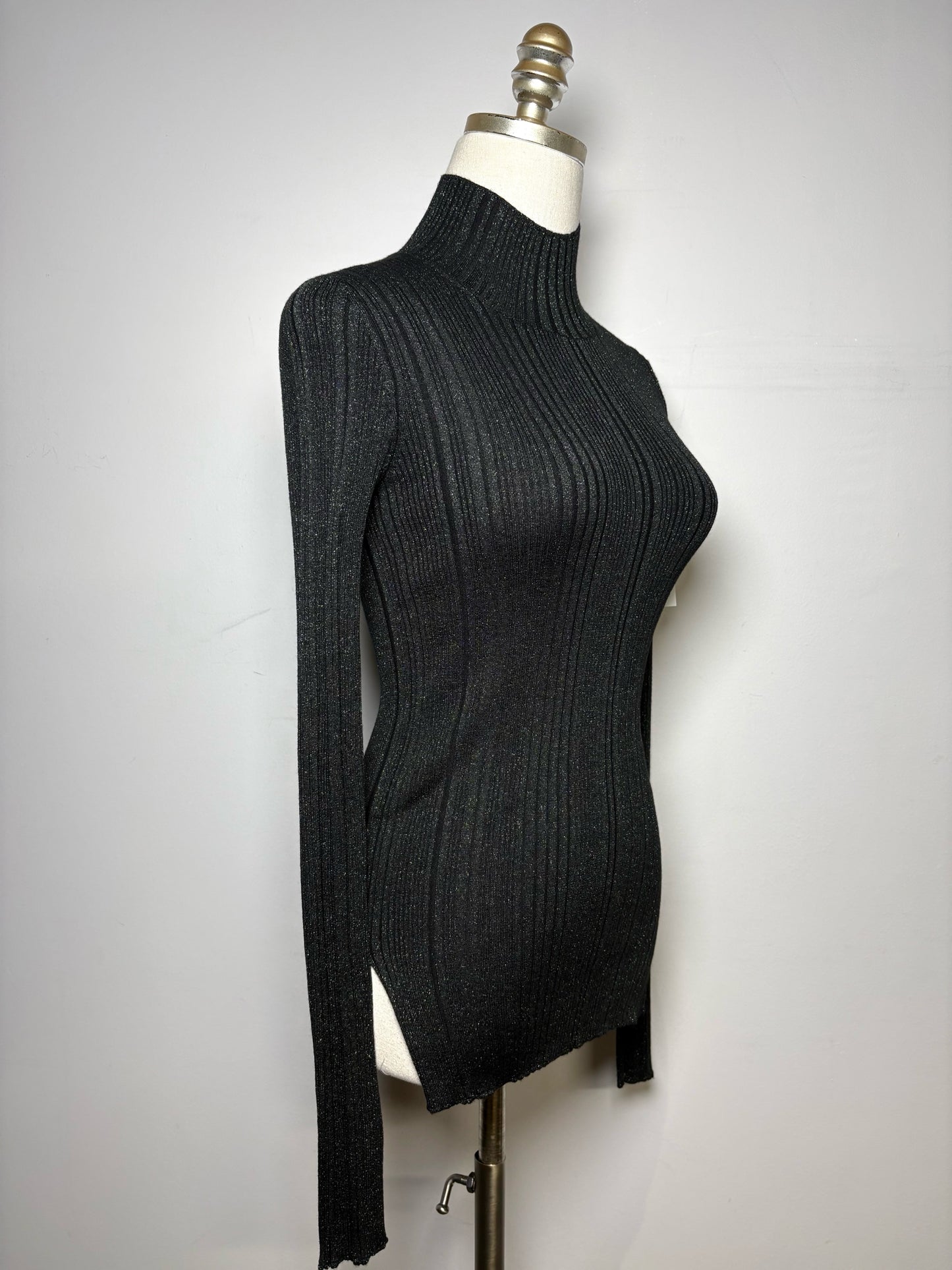 Women Size XS Helmut Lang Black-Green Glitter Women's Merino Wool Blend Sweater
