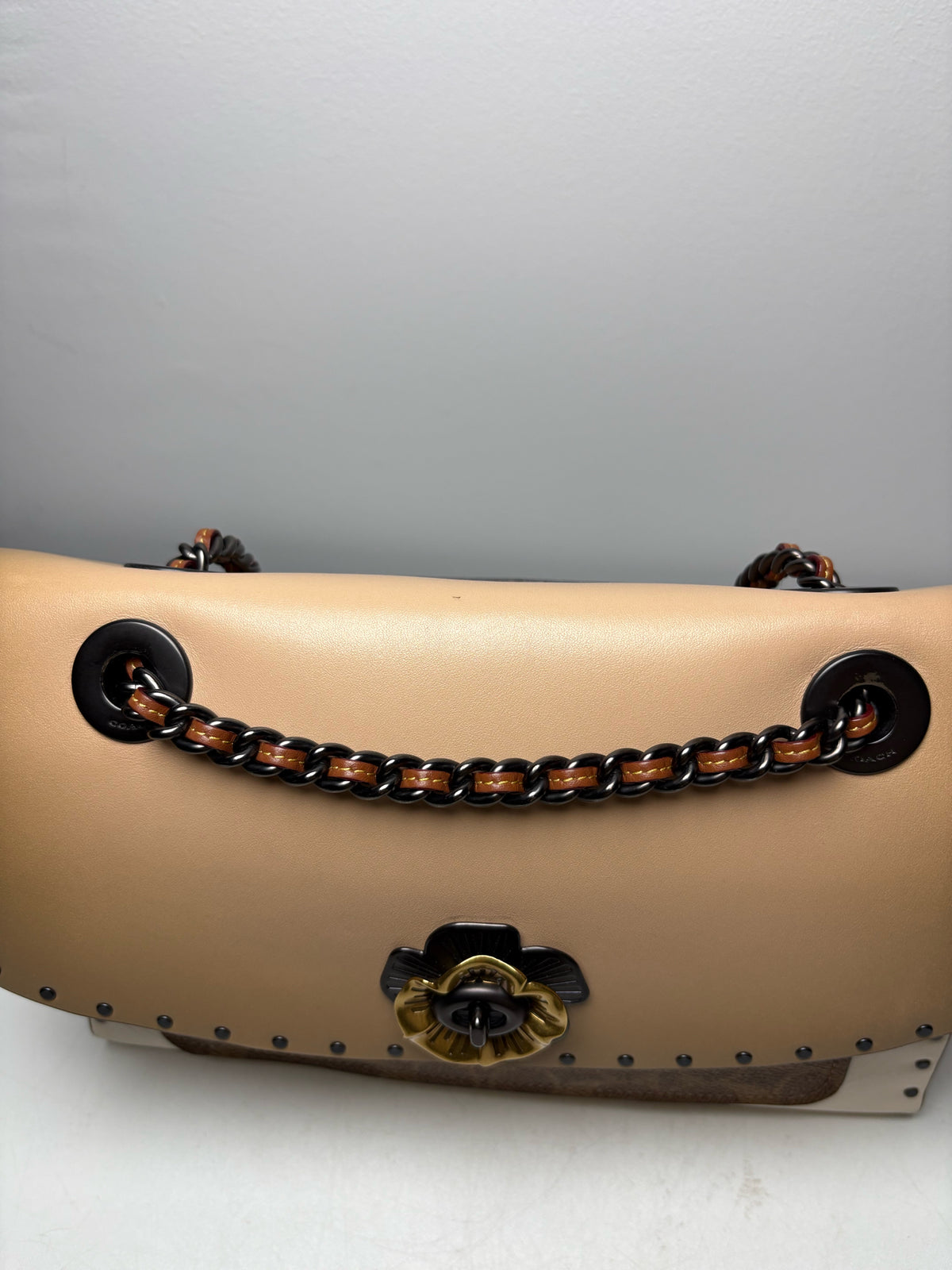 Women's Coach Parker Rivets Snakeskin Print Monogram Leather Pre-Owned Shoulder Bag
