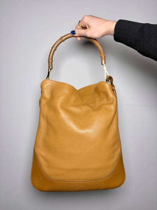 Gucci Leather Tan 2-Way Carry Bamboo Hobo Handbag