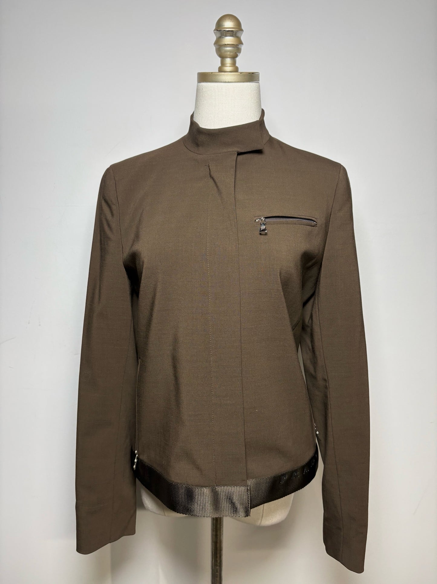 Women Size 40 (US S) Prada Brown Wool Blend Pre-Owned Embroidered Logo Bomber Jacket