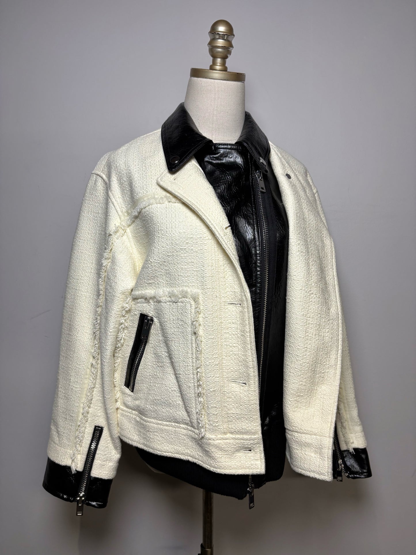 Women Size M 3.1 Phillip Lim Black & White Tweed Cotton Wool NWT Pre-Owned Moto Jacket