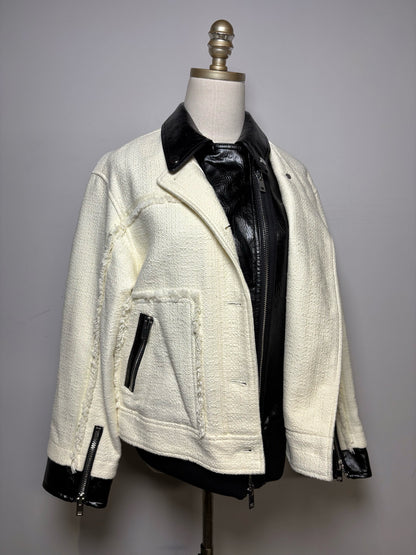 Women Size M 3.1 Phillip Lim Black & White Tweed Cotton Wool NWT Pre-Owned Moto Jacket