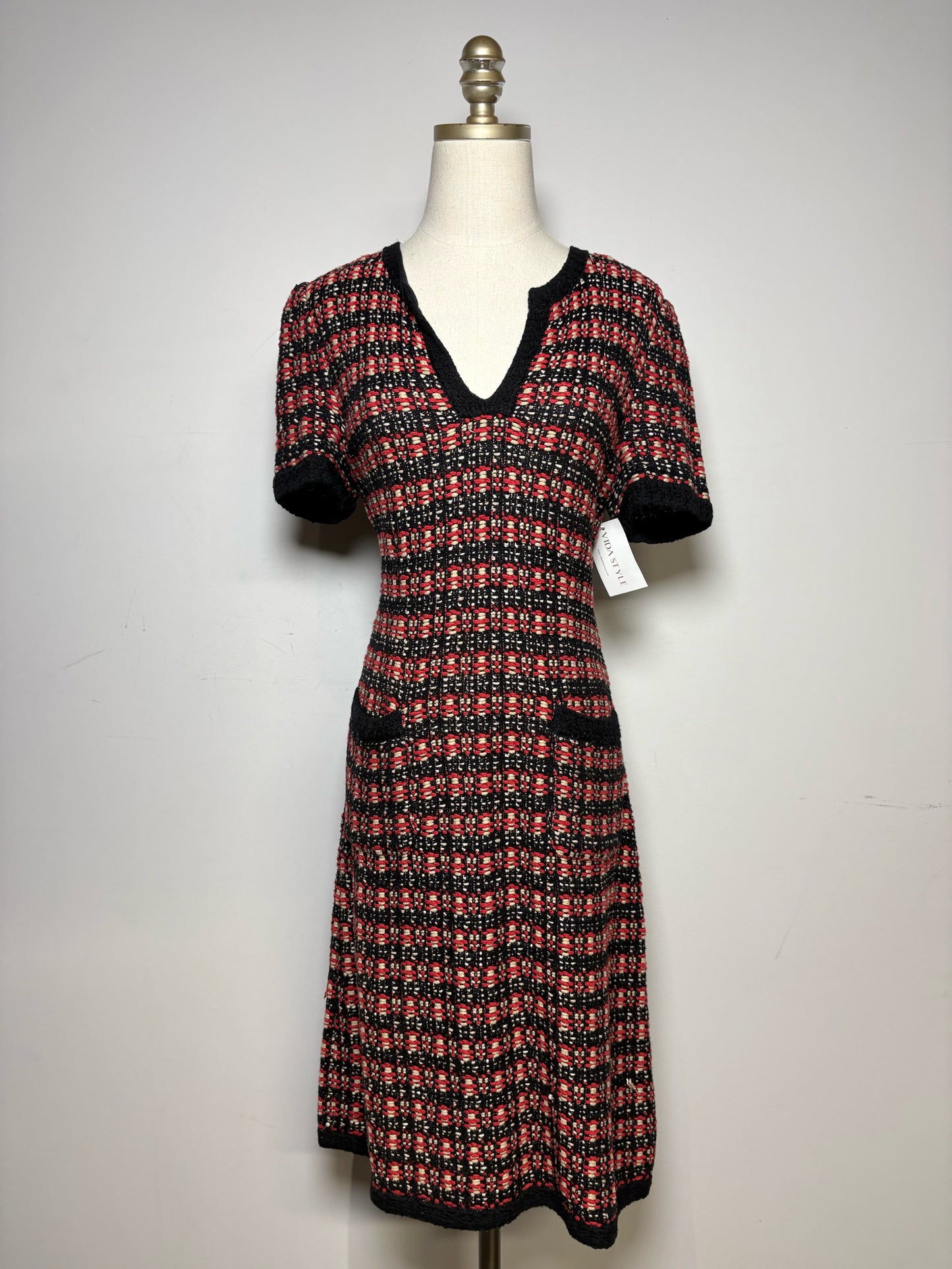 Women's Size 8 St. John Exclusively for Nordstrom Black Red & Khaki Tweed Pre-Owned Dress