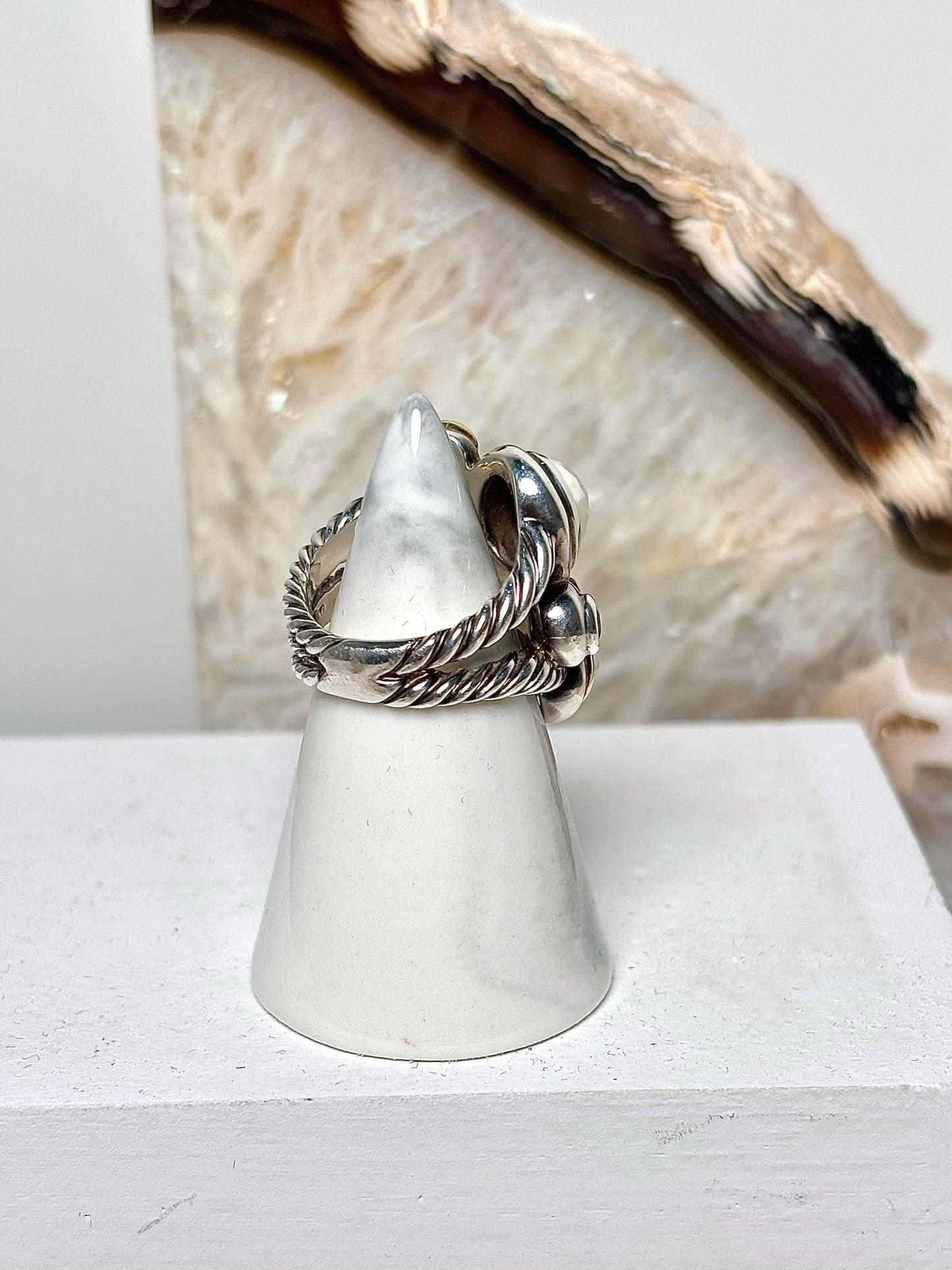 David Yurman White Agate, Moonstone, Quartz Sterling Silver 6 Ring