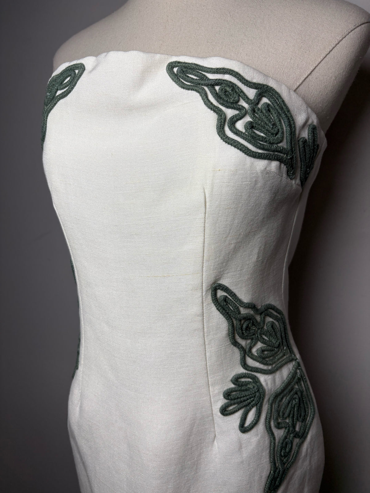 Women's Size 2 Significant Other Cream Green Leaf Linen Blend Pre-Owned Strapless Dress