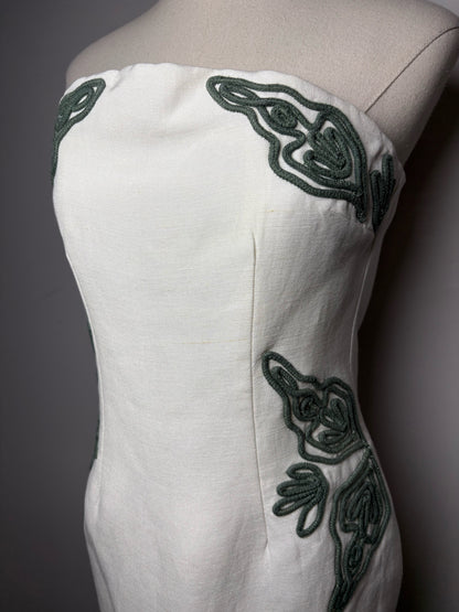 Women's Size 2 Significant Other Cream Green Leaf Linen Blend Pre-Owned Strapless Dress