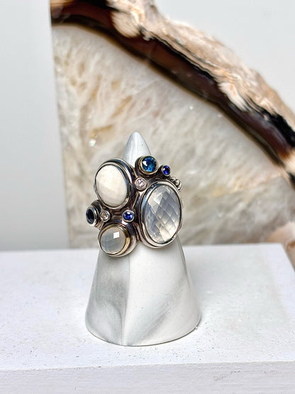 David Yurman White Agate, Moonstone, Quartz Sterling Silver 6 Ring