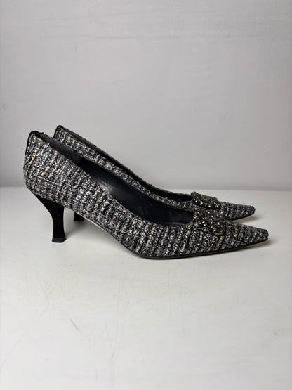 W Shoe Size 8.5 Stuart Weitzman Black, Gray Tweed Rhinestone Buckle Heels