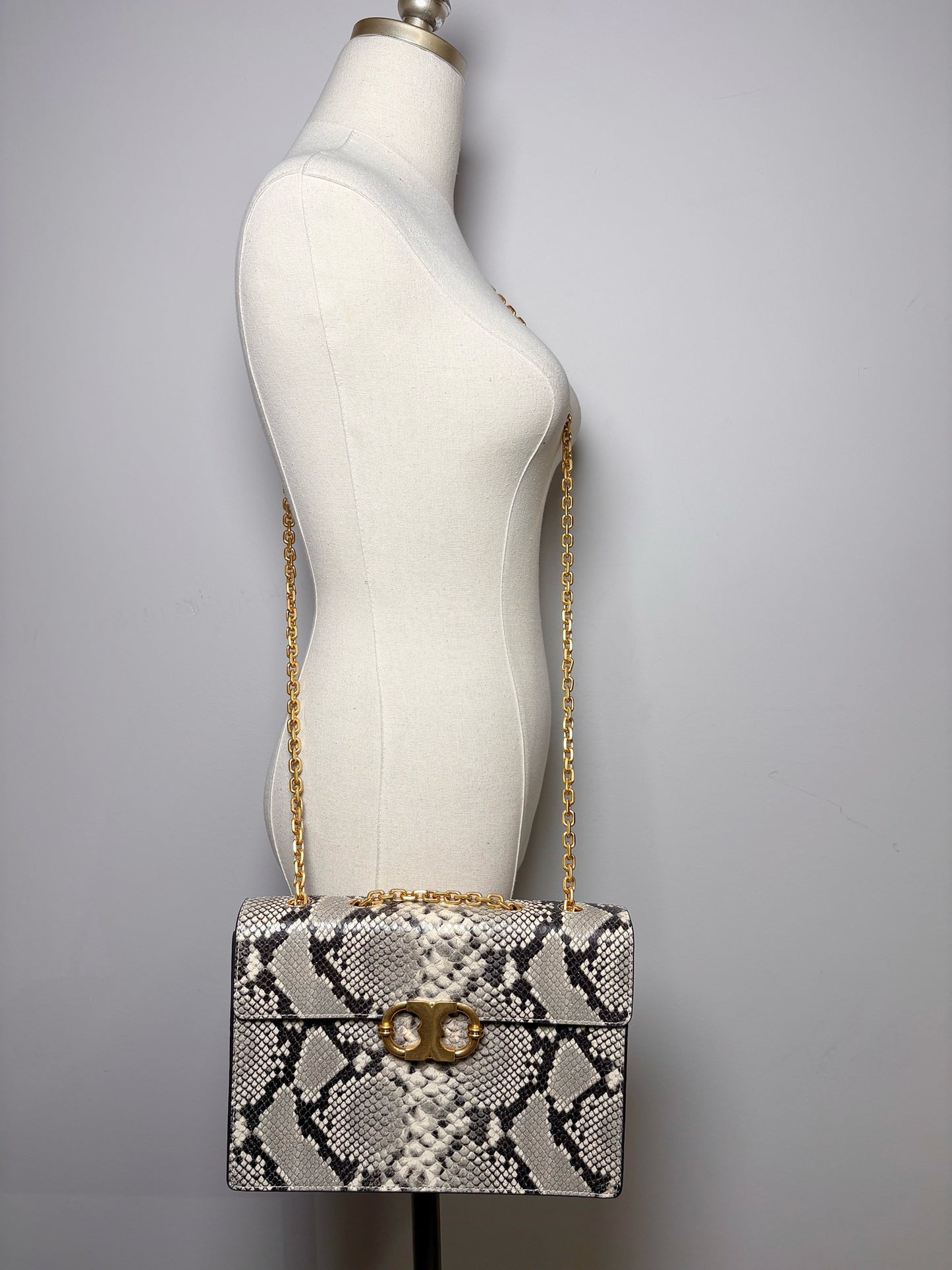 Tory Burch Snakeskin Print Leather Gray, Cream Gemini Link Purse