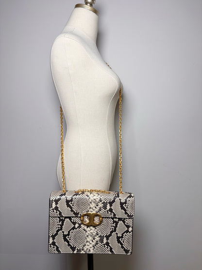 Tory Burch Snakeskin Print Leather Gray, Cream Gemini Link Purse