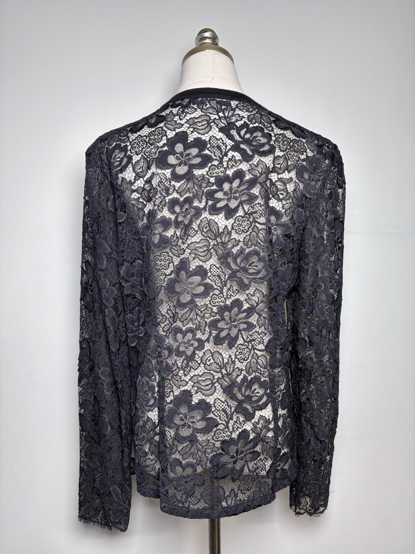 Women Size L Carolina Herrera Black Solid w/Lace Sleeves Wool, Lace Sweater