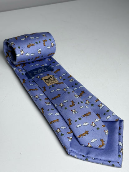 Hermes Sky Blue 100% Silk Fox, Chicken Flying Men's Vintage Pre-owned Tie