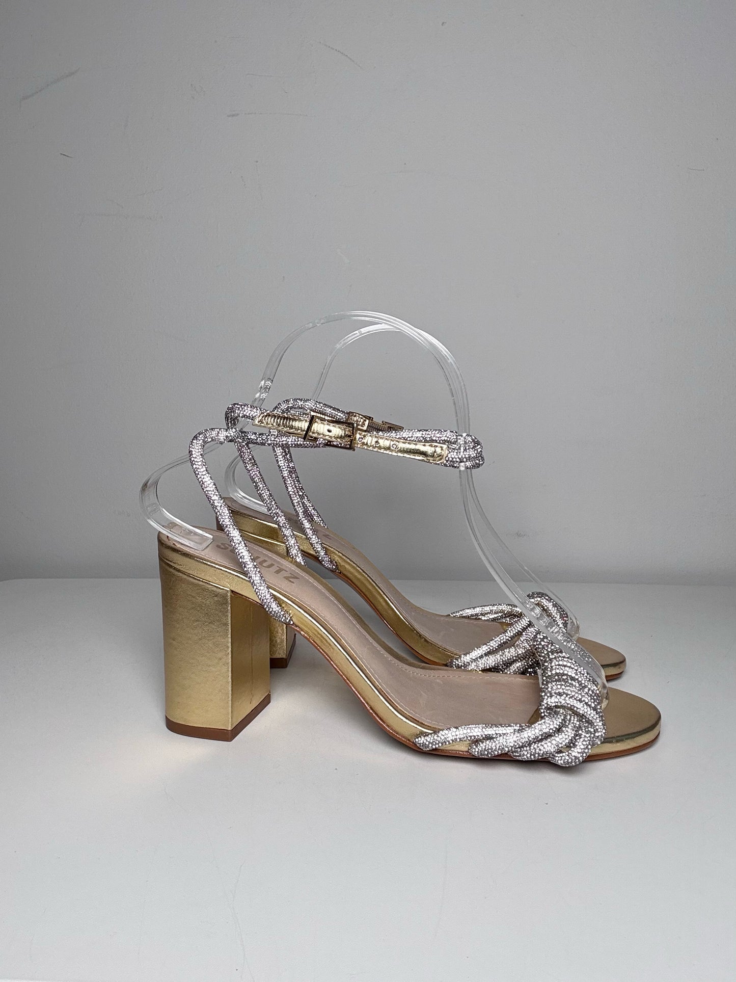 W Shoe Size 7.5 Schutz Jewell Block Gold Leather Cowhide Pre-owned, NWT Heels