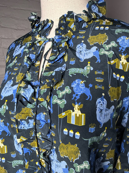 Women Size L Tyler Boe Multi-Color Dog 100% Silk Blouse