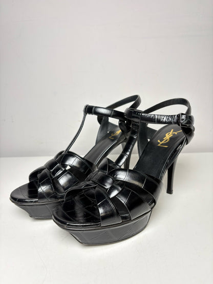 Women's Size 39.5 Authentic Yves Saint Laurent Tribute Black Croc-Embossed Leather Pre-Owned Heels