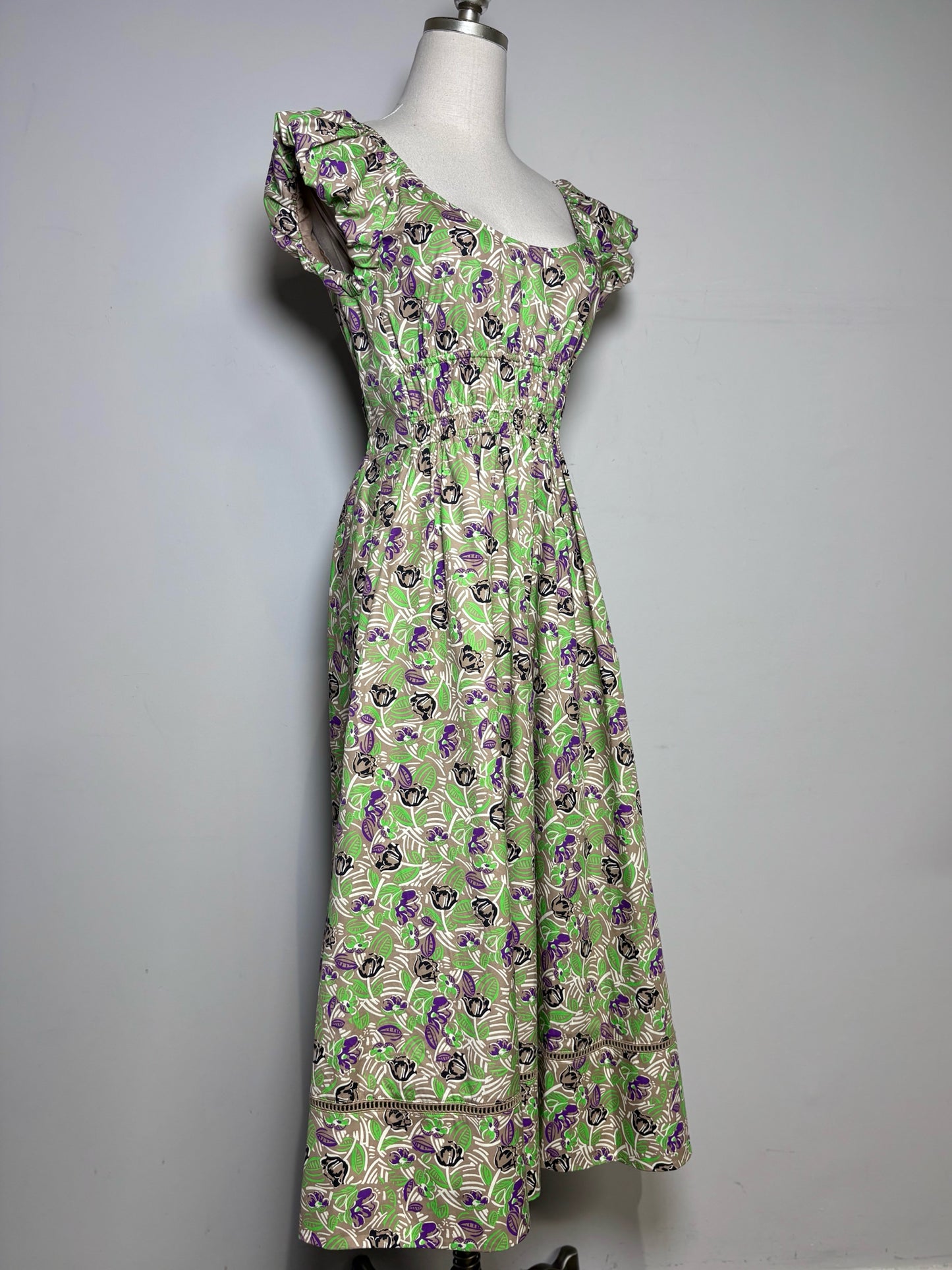 Women Size 4 Tory Burch Brown, Green Floral Pure Cotton Women's Pre-owned Dress