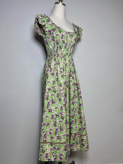 Women Size 4 Tory Burch Brown, Green Floral Pure Cotton Women's Pre-owned Dress
