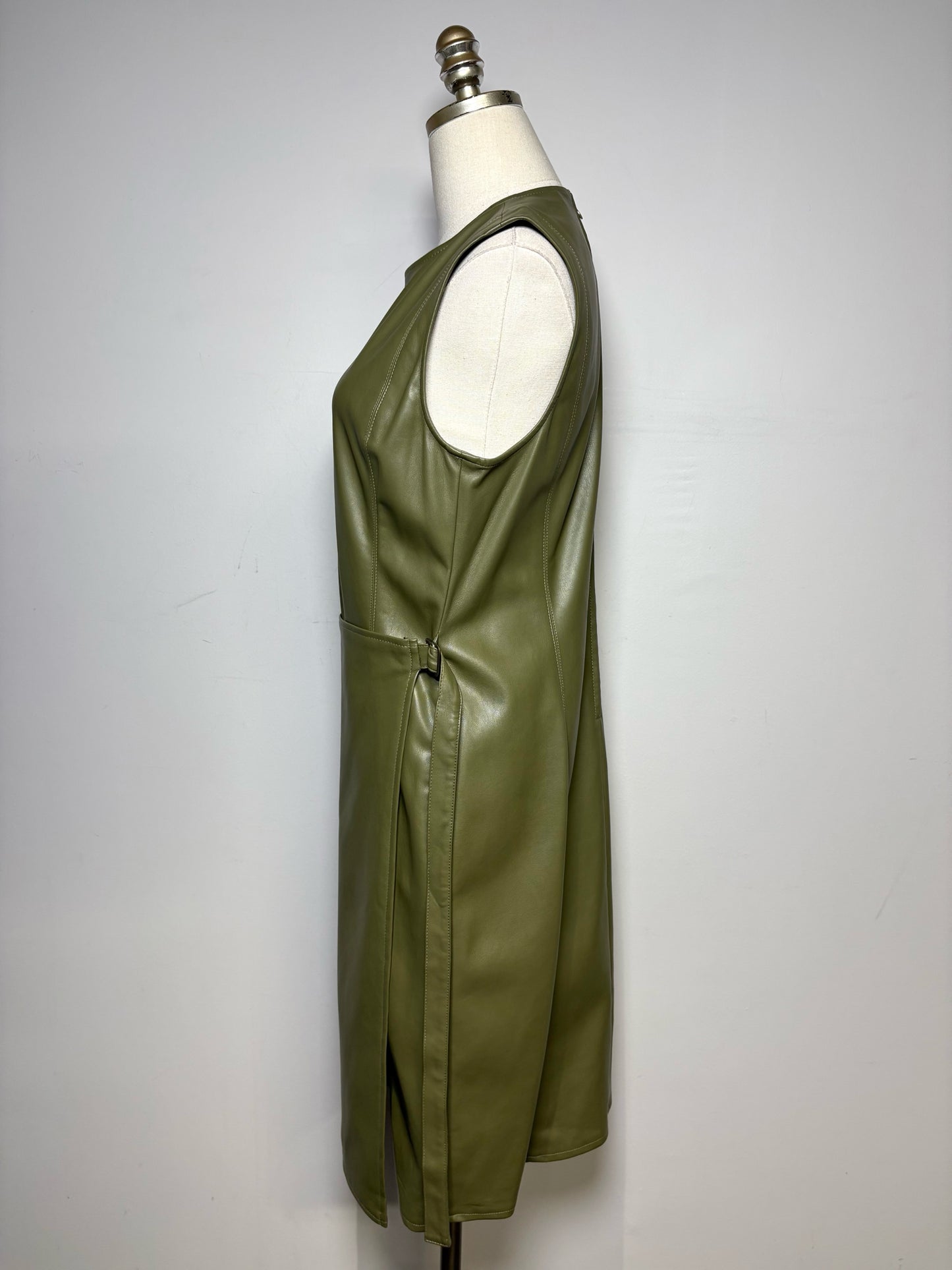 Women Size 10 Deveaux New York Olive Green Faux Leather Pre-Owned Midi Dress