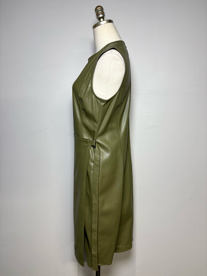 Women Size 10 Deveaux New York Olive Green Faux Leather Pre-Owned Midi Dress