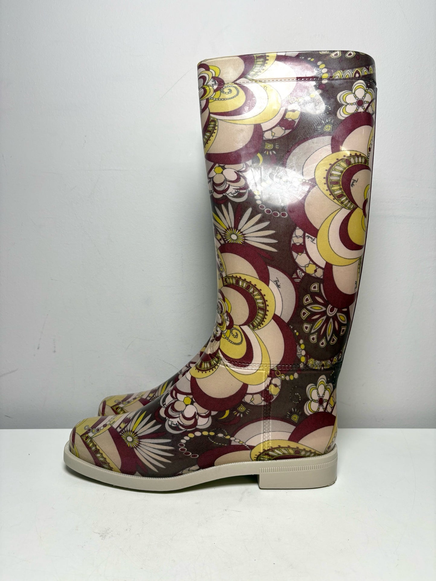 Women Shoe Size 40 (US 10) Emilio Pucci Yellow, Purple & Cream Rubber Vintage Pre-Owned Knee-High Boots