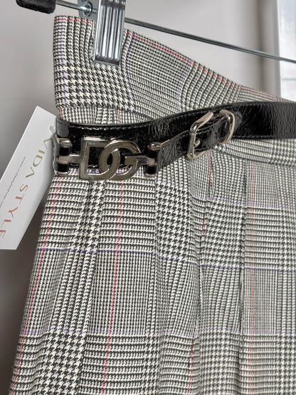 Dolce & Gabbana Gray Plaid Silver Logo Buckles Skirt