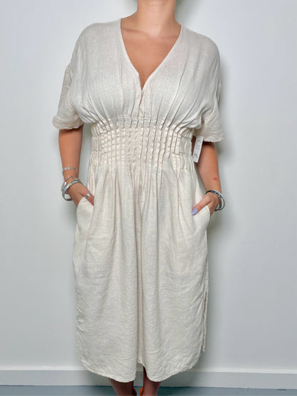 Women Size M Staud Wheat Solid Linen Smocked Waist Midi Dress