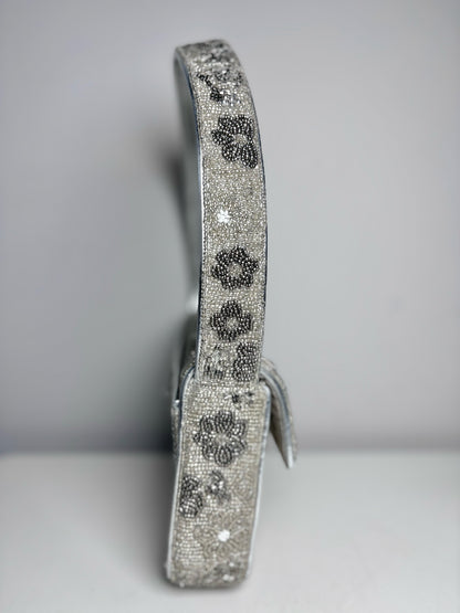 Staud Tommy Floral Beads Pre-owned Silver Leather Trim/Strap Trim Shoulder Bag