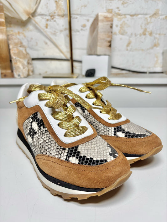 W Shoe Size 6 Veronica Beard Tan, white, black Suede Snake Skin Sneakers