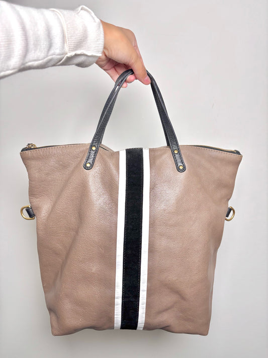 Kempton Solid w/Racer Stripe Leather Taupe Tote Purse